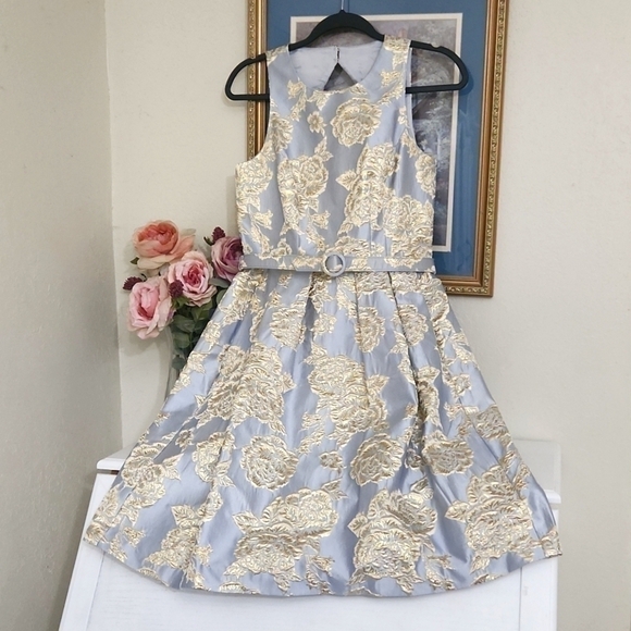 Metallic Golden Floral Dress Size 4 Formal Wedding Guest Party Prom - Picture 1 of 15